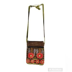 Rising Tide Bohemian Brown Cotton Floral Embroidered Crossbody Passport Bag